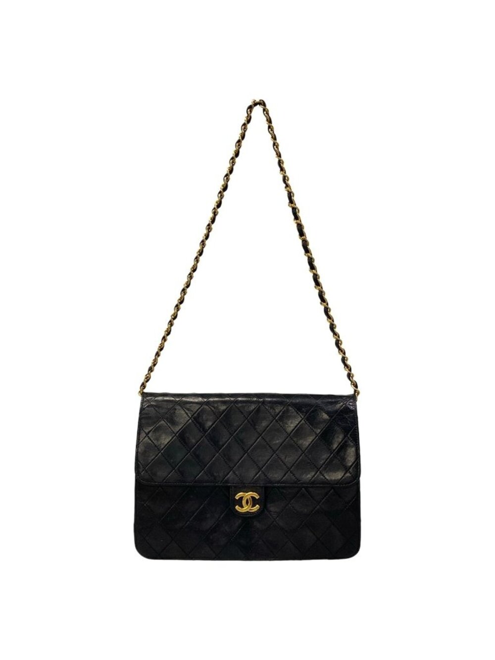 Chanel Shoulder Bag Quilted Black Chain Gold Push Lock Flap Lambskin